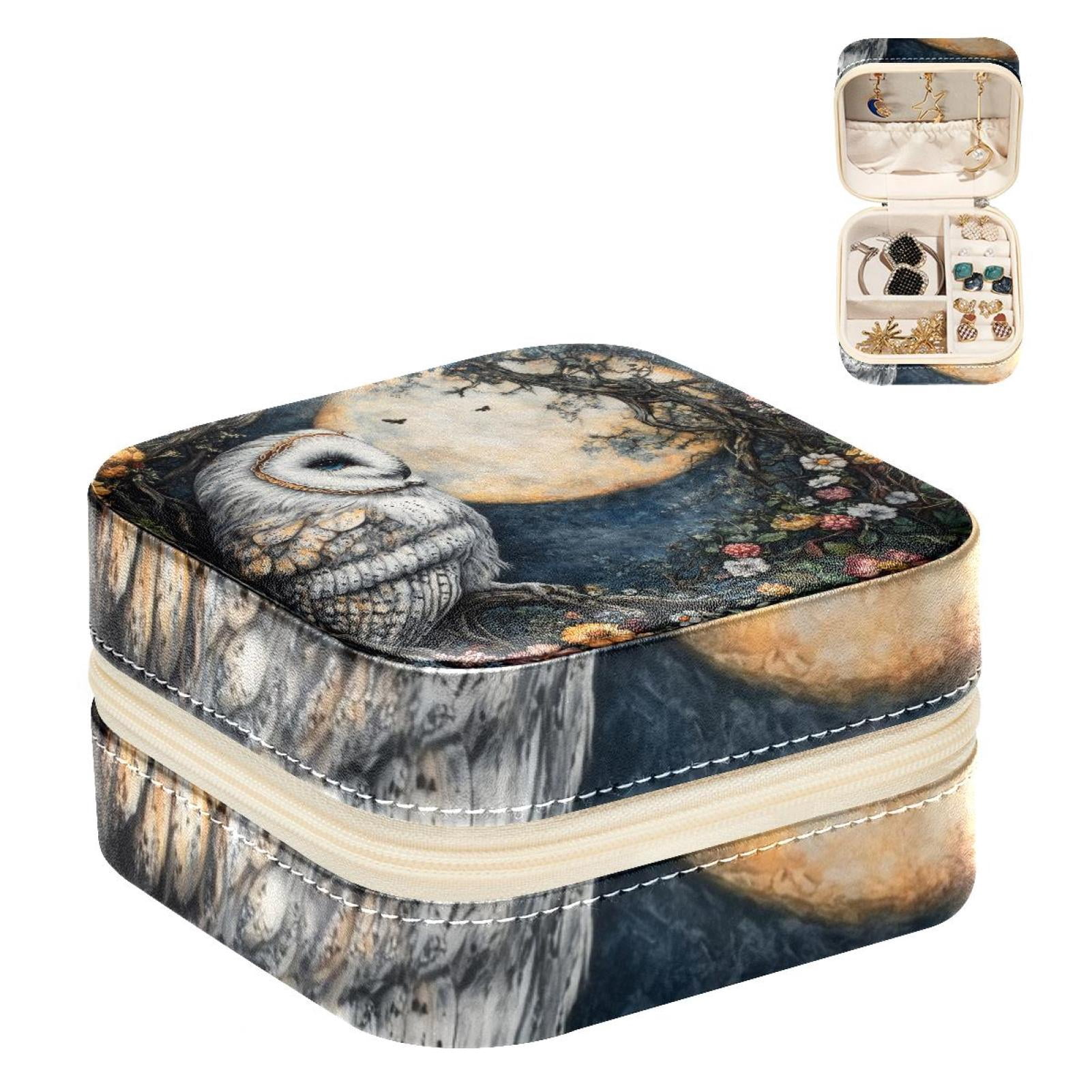 PhooArto Small Jewellery Box, Owl Flowers and Moon Portable Travel Mini Jewelry Case for Women Leather Ring Organizer