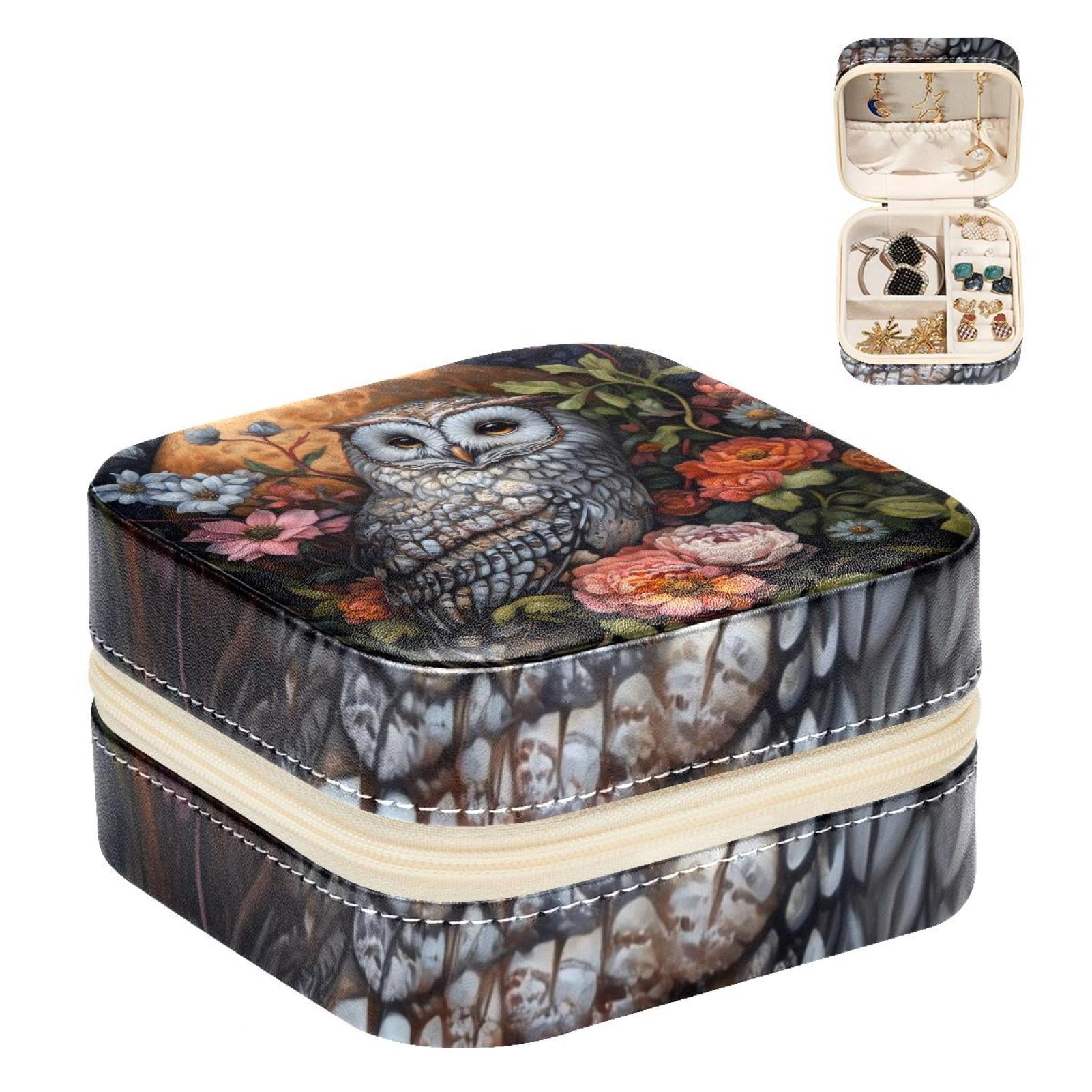 PhooArto Small Jewellery Box, Owl Flowers on the Moon Portable Travel Mini Jewelry Case for Women Leather Ring Organizer