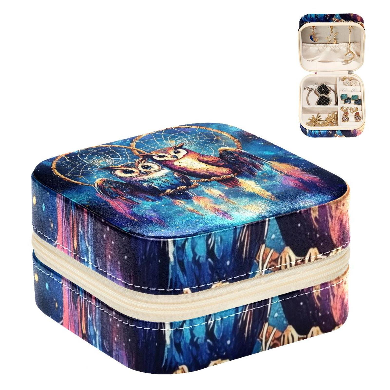 PhooArto Small Jewellery Box, Owls and Dreamcatcher Galaxy Portable Travel Mini Jewelry Case for Women Leather Ring Organizer
