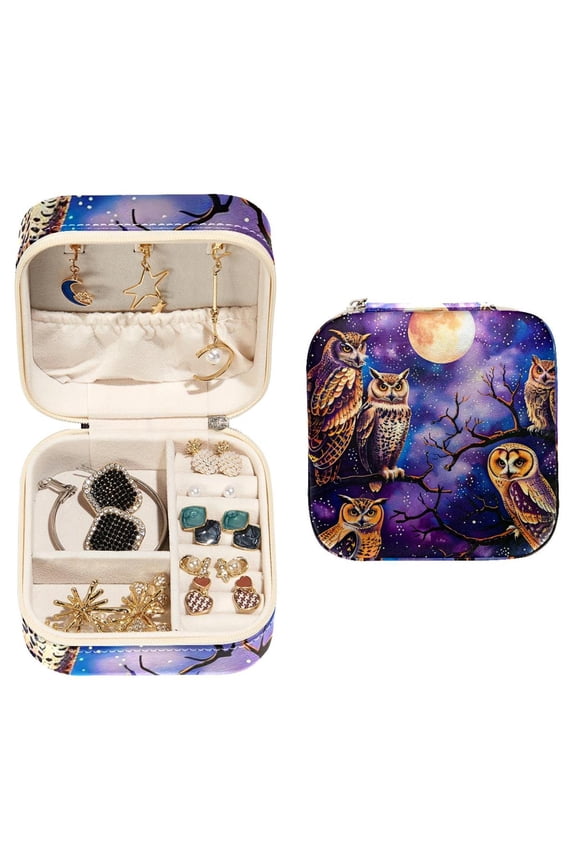 Small Jewellery Box, Owls on Purple Galaxy Portable Travel Mini Jewelry Case for Women Leather Ring Organizer