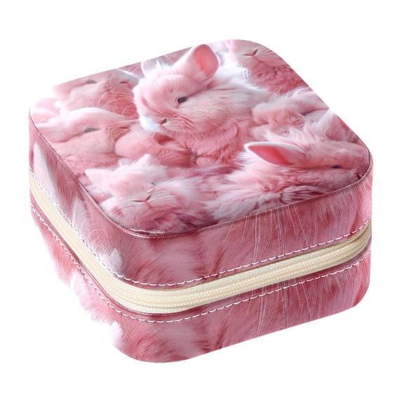 PhooArto Small Jewellery Box, Pink Bunny Rabbit Portable Travel Mini Jewelry Case for Women Leather Ring Organizer