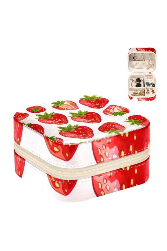 Small Jewellery Box, Pink Cute Strawberries Patetrn Portable Travel Mini Jewelry Case for Women Leather Ring Organizer
