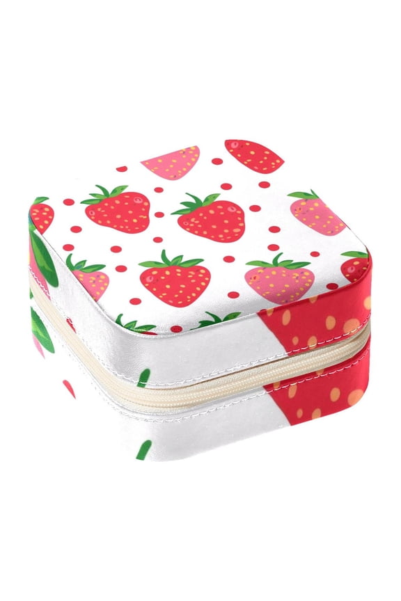 Small Jewellery Box, Pink Strawberries Pattern Portable Travel Mini Jewelry Case for Women Leather Ring Organizer