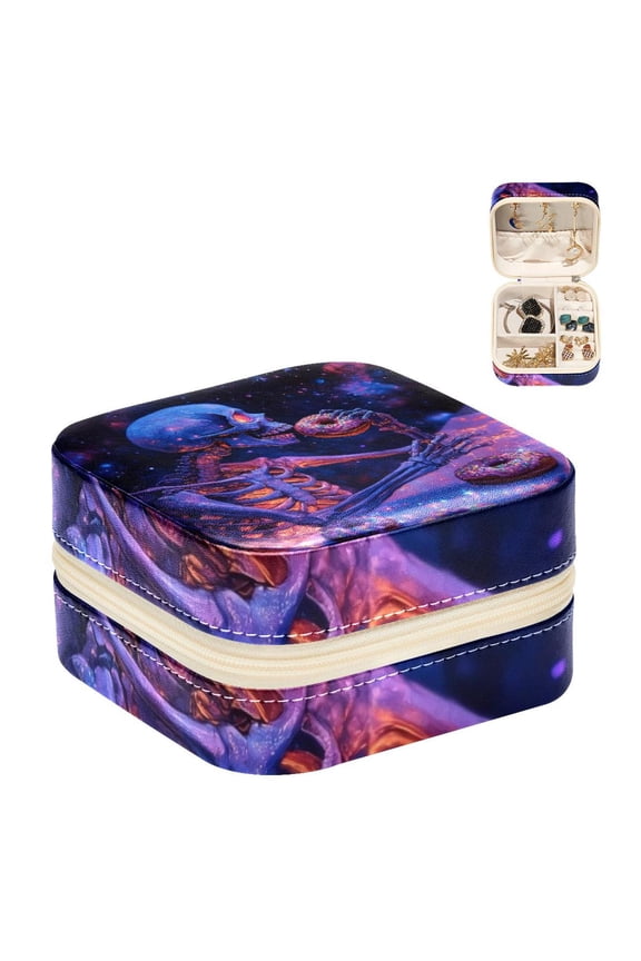 Small Jewellery Box, Purple Galaxy Skeleton Donuts Portable Travel Mini Jewelry Case for Women Leather Ring Organizer