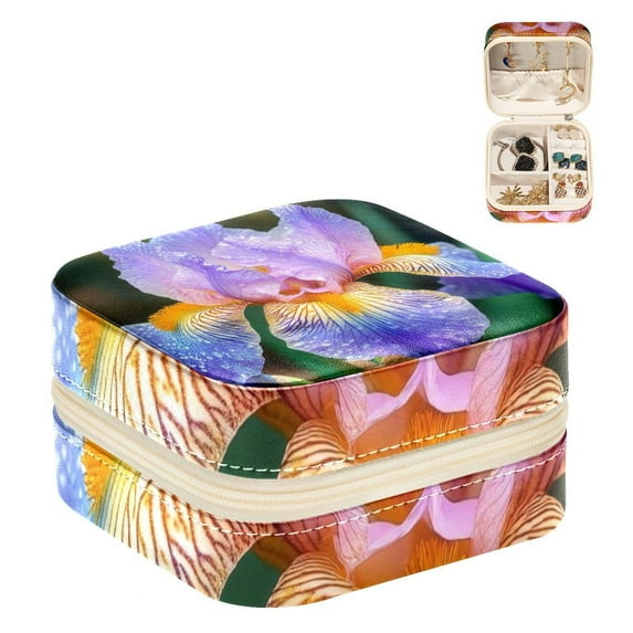 PhooArto Small Jewellery Box, Purple Iris Flowers Portable Travel Mini Jewelry Case for Women Leather Ring Organizer