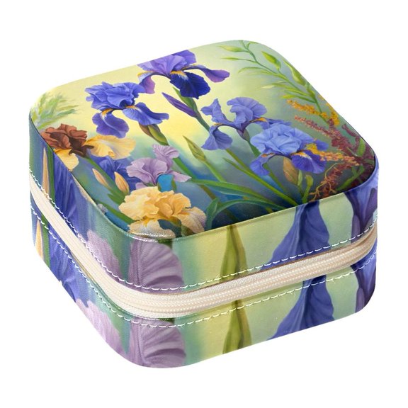PhooArto Small Jewellery Box, Purple Iris Painting Portable Travel Mini Jewelry Case for Women Leather Ring Organizer