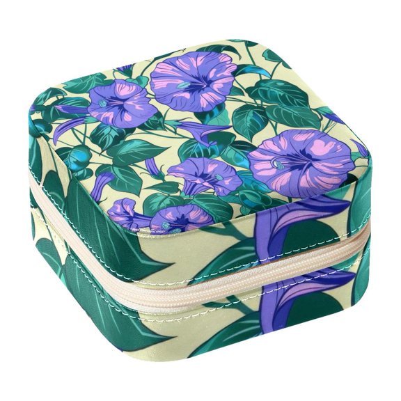 PhooArto Small Jewellery Box, Purple Morning Glory Blossoms Pattern Portable Travel Mini Jewelry Case for Women Leather Ring Organizer