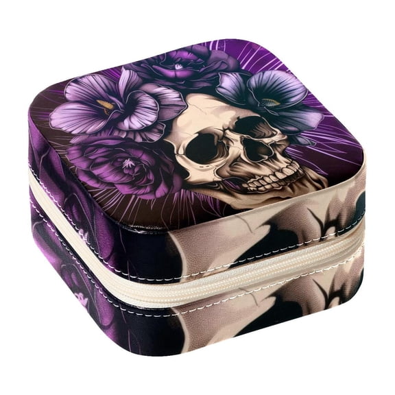 PhooArto Small Jewellery Box, Purple Skull Flower Print Portable Travel Mini Jewelry Case for Women Leather Ring Organizer