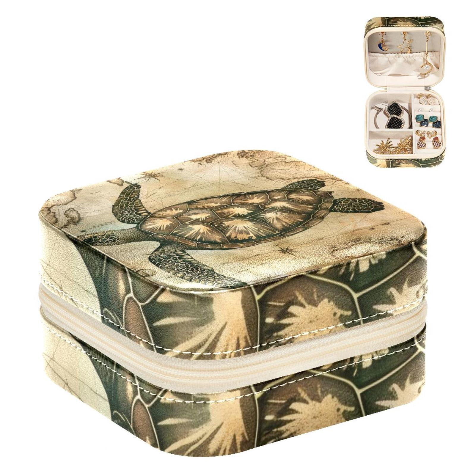 PhooArto Small Jewellery Box, Retro Map Sea Turtle Portable Travel Mini Jewelry Case for Women Leather Ring Organizer