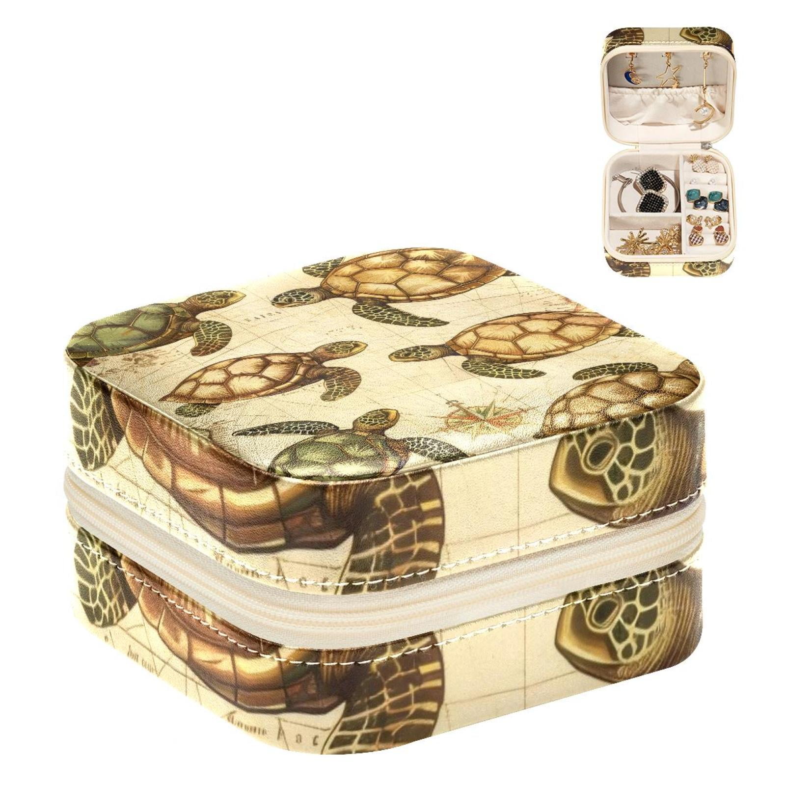 PhooArto Small Jewellery Box, Retro Map Sea Turtles Pattern Portable Travel Mini Jewelry Case for Women Leather Ring Organizer