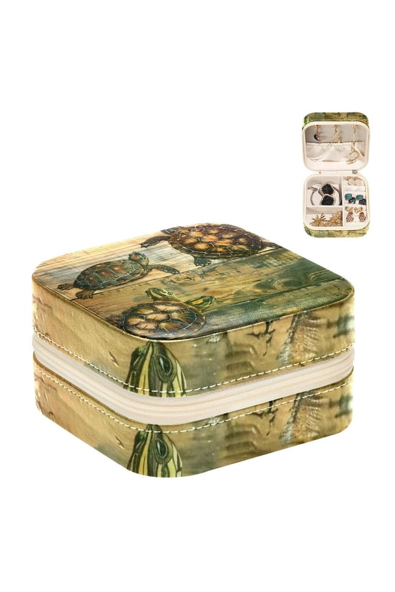 Small Jewellery Box, Sea Turtles on Wood Board Portable Travel Mini Jewelry Case for Women Leather Ring Organizer