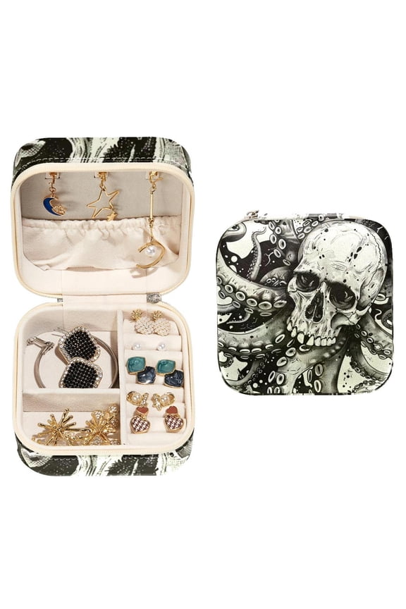 Small Jewellery Box, Skull Octopus Tentacles Portable Travel Mini Jewelry Case for Women Leather Ring Organizer