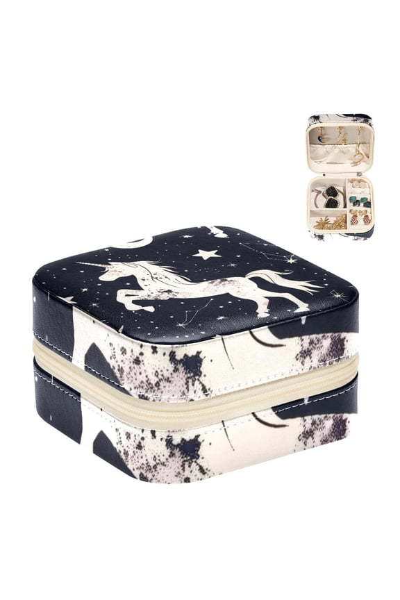 Small Jewellery Box, Space Stars and Unicorn Pattern Portable Travel Mini Jewelry Case for Women Leather Ring Organizer