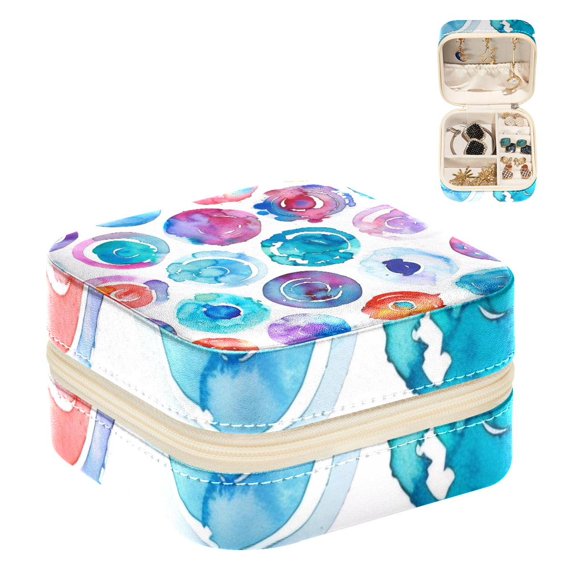 PhooArto Small Jewellery Box, Splash Circles Watercolor Pattern Portable Travel Mini Jewelry Case for Women Leather Ring Organizer