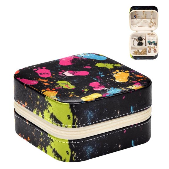 PhooArto Small Jewellery Box, Splash Footprints Pattern Portable Travel Mini Jewelry Case for Women Leather Ring Organizer