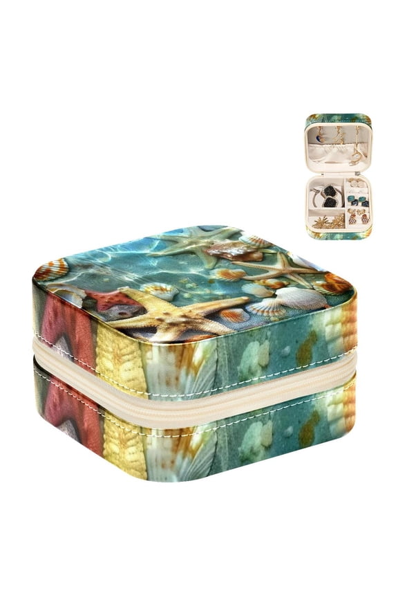 Small Jewellery Box, Starfish Seashells Sea Coral Portable Travel Mini Jewelry Case for Women Leather Ring Organizer