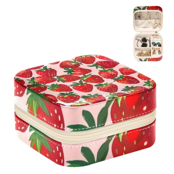 PhooArto Small Jewellery Box, Strawberries Pink Pattern Portable Travel Mini Jewelry Case for Women Leather Ring Organizer