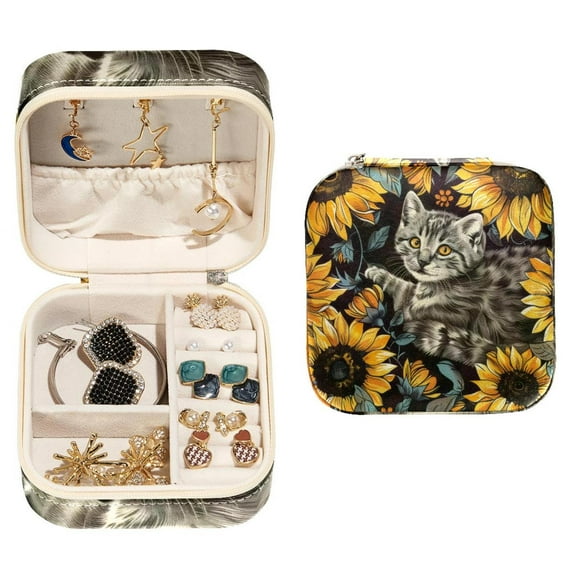 PhooArto Small Jewellery Box, Sunflower and Cat Pattern Portable Travel Mini Jewelry Case for Women Leather Ring Organizer