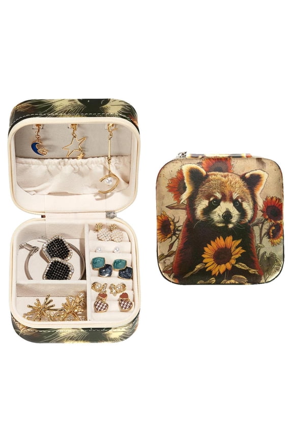 Small Jewellery Box, Sunflowers Red Panda Vintage Portable Travel Mini Jewelry Case for Women Leather Ring Organizer