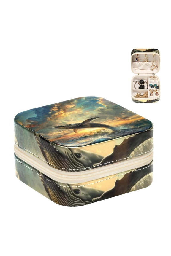 Small Jewellery Box, Sunset Whale Sea Pattern Portable Travel Mini Jewelry Case for Women Leather Ring Organizer