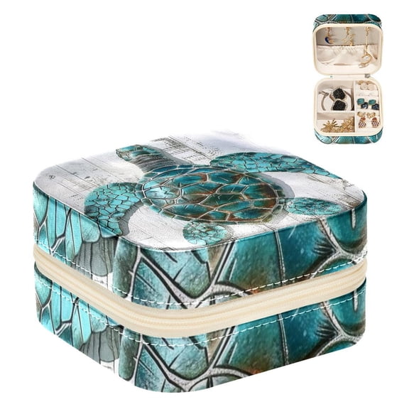 PhooArto Small Jewellery Box, Teal Sea Turtle Wooden Board Portable Travel Mini Jewelry Case for Women Leather Ring Organizer