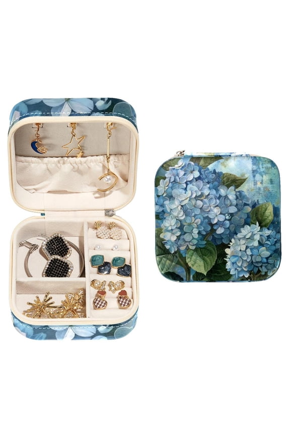 Small Jewellery Box, Vintage Blue Hydrangeas Flowers Portable Travel Mini Jewelry Case for Women Leather Ring Organizer