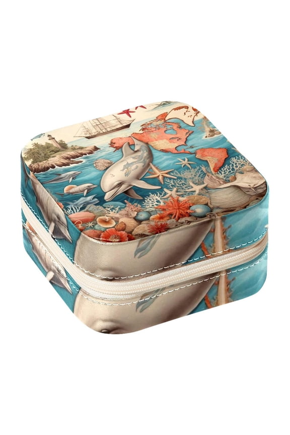 Small Jewellery Box, Vintage Map Dolphin Portable Travel Mini Jewelry Case for Women Leather Ring Organizer