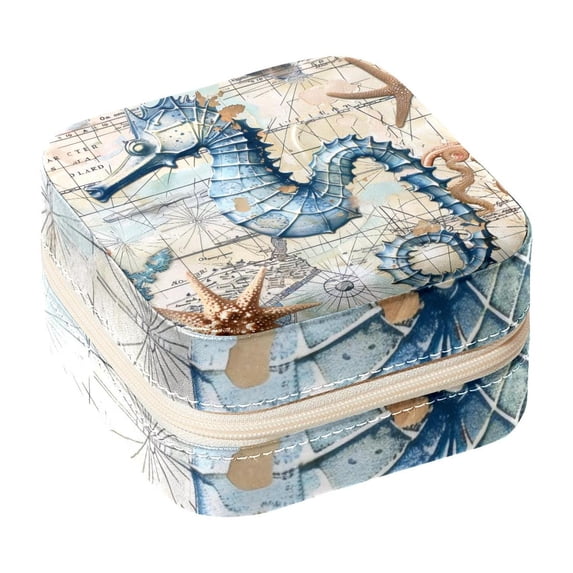 PhooArto Small Jewellery Box, Vintage Map Seahorse Seastar Portable Travel Mini Jewelry Case for Women Leather Ring Organizer