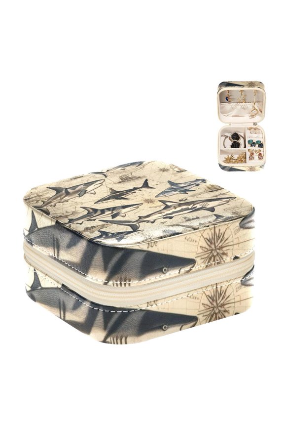 Small Jewellery Box, Vintage Map Sharks Pattern Portable Travel Mini Jewelry Case for Women Leather Ring Organizer