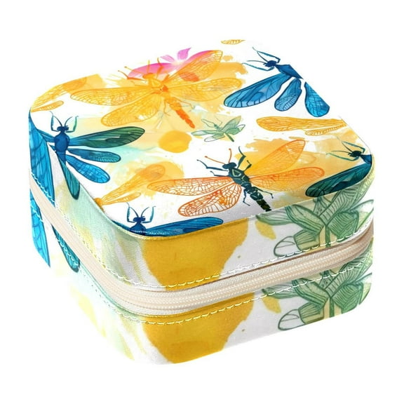 PhooArto Small Jewellery Box, Watercolor Dragonflies Colored Pattern Portable Travel Mini Jewelry Case for Women Leather Ring Organizer