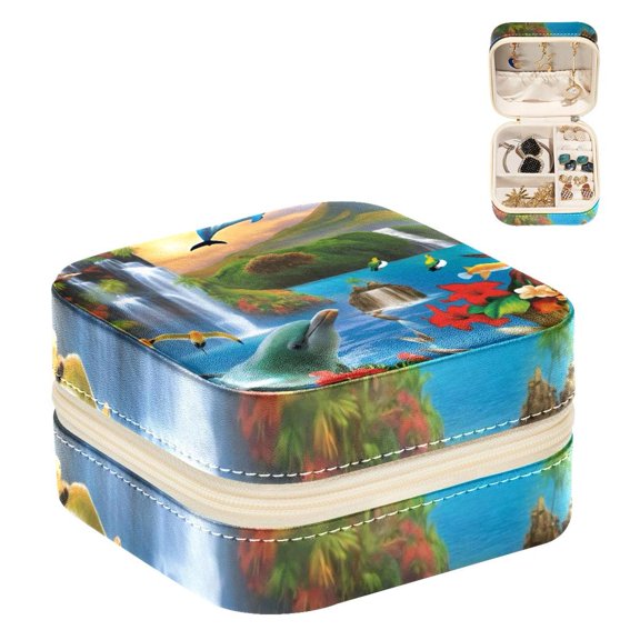 PhooArto Small Jewellery Box, Waterfall and Parrots Dolphins Portable Travel Mini Jewelry Case for Women Leather Ring Organizer