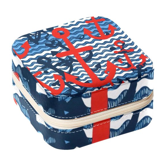PhooArto Small Jewellery Box, Wave Stripes Anchors Pattern Portable Travel Mini Jewelry Case for Women Leather Ring Organizer