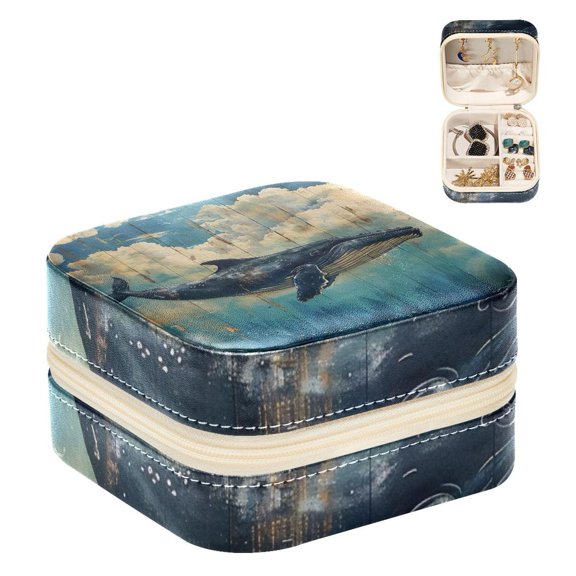 PhooArto Small Jewellery Box, Whale on Wood Blue Sky Portable Travel Mini Jewelry Case for Women Leather Ring Organizer