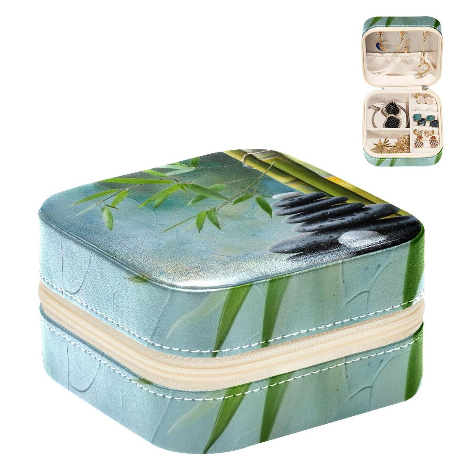 PhooArto Small Jewellery Box, Zen Stones and Bamboo Portable Travel Mini Jewelry Case for Women Leather Ring Organizer