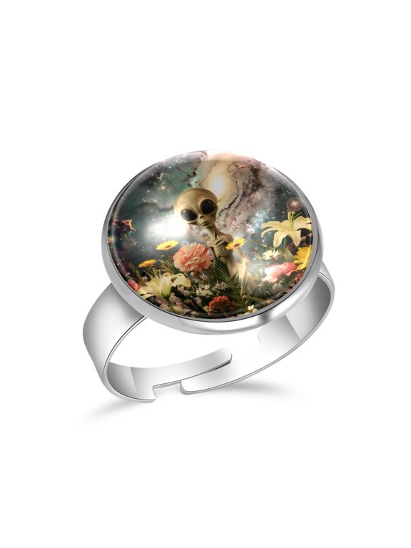 Space Alien Flowers Stainless Steel Rings for Women, Open Adjustable Ring Promise Ring Jewelry Gifts