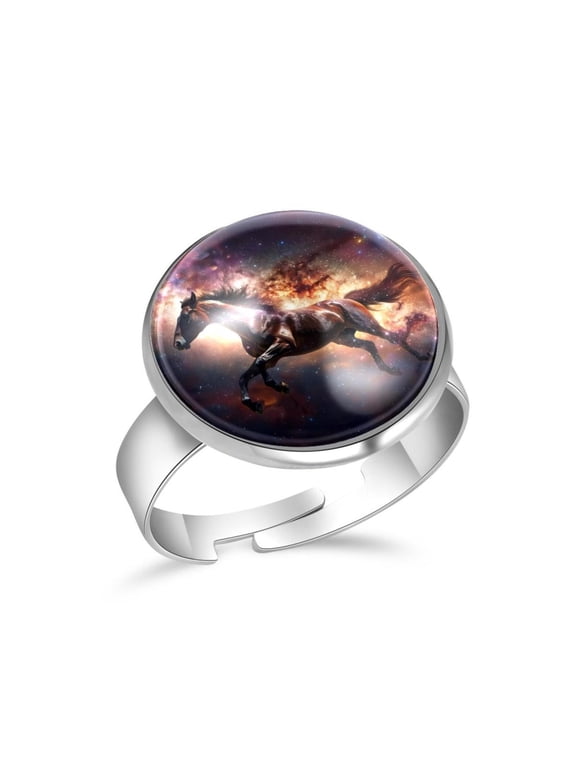 Space Brown Horse Stainless Steel Rings for Women, Open Adjustable Ring Promise Ring Jewelry Gifts