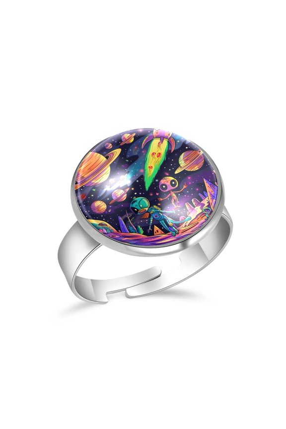 Space Galaxy Cartoon Aliens Stainless Steel Rings for Women, Open Adjustable Ring Promise Ring Jewelry Gifts