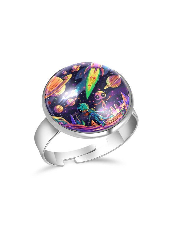 Space Galaxy Cartoon Aliens Stainless Steel Rings for Women, Open Adjustable Ring Promise Ring Jewelry Gifts