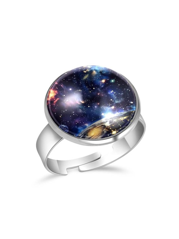 Space Galaxy Earth Universe Stainless Steel Rings for Women, Open Adjustable Ring Promise Ring Jewelry Gifts