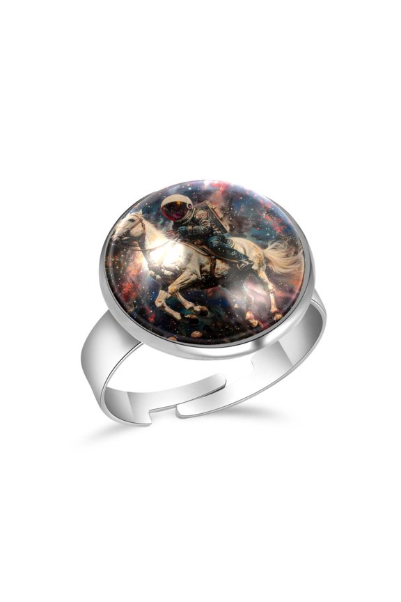 Space Galaxy Horse Riding Stainless Steel Rings for Women, Open Adjustable Ring Promise Ring Jewelry Gifts