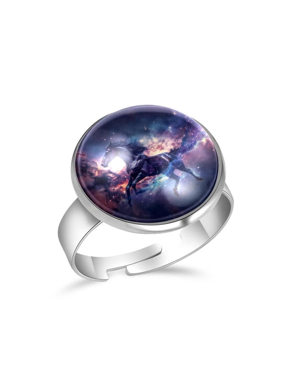 Space Galaxy Horse Stainless Steel Rings for Women, Open Adjustable Ring Promise Ring Jewelry Gifts