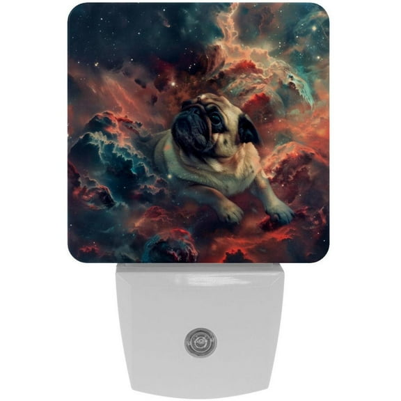 PhooArto Space Galaxy Pug Dog Plug in LED Night Light Auto Sensor Dusk to Dawn Decorative Night for Bedroom, Bathroom, Kitchen, Hallway, Stairs, Baby's Room, Energy Saving