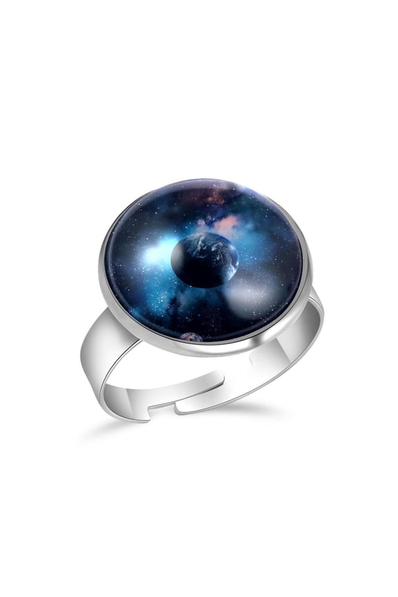 Space Planet Night Sky Pattern Stainless Steel Rings for Women, Open Adjustable Ring Promise Ring Jewelry Gifts