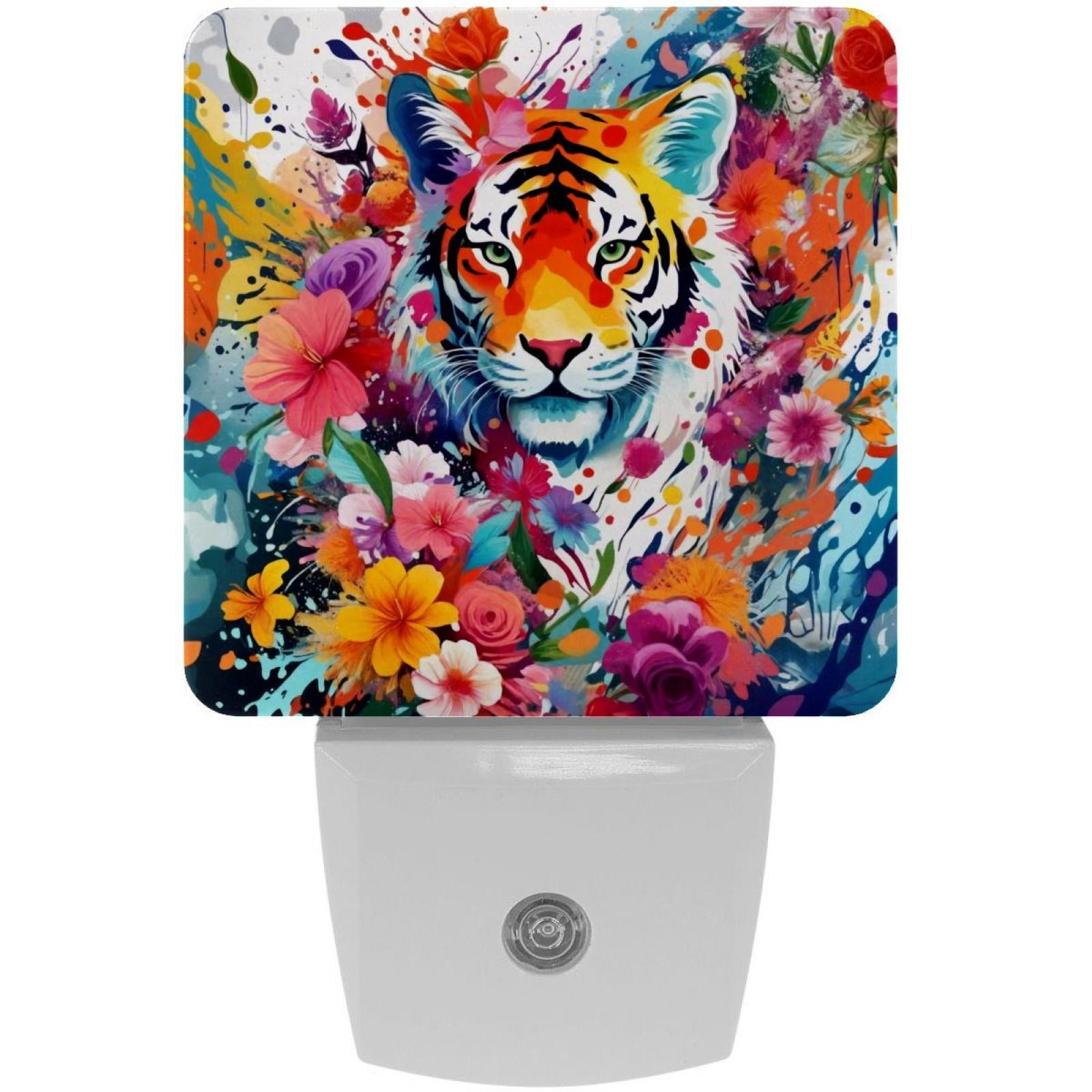 PhooArto Splashes Tiger and Flowers Pattern Plug in LED Night Light Auto Sensor Dusk to Dawn Decorative Night for Bedroom, Bathroom, Kitchen, Hallway, Stairs, Baby's Room, Energy Saving