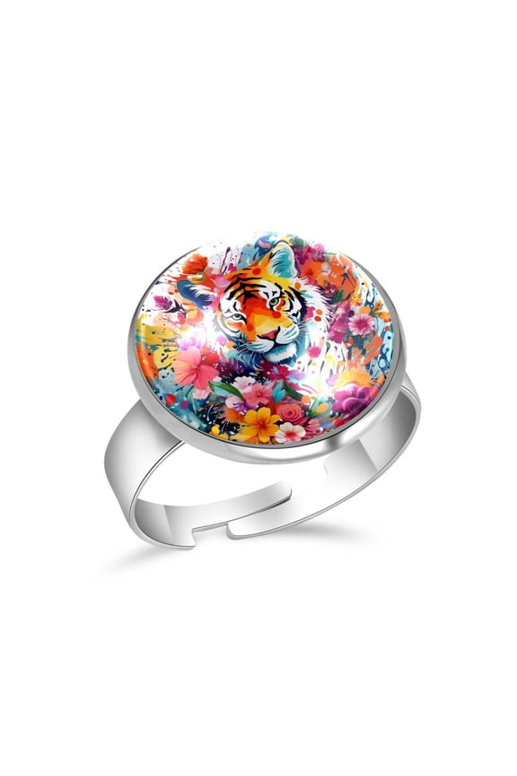 Splashes Tiger and Flowers Pattern Stainless Steel Rings for Women, Open Adjustable Ring Promise Ring Jewelry Gifts