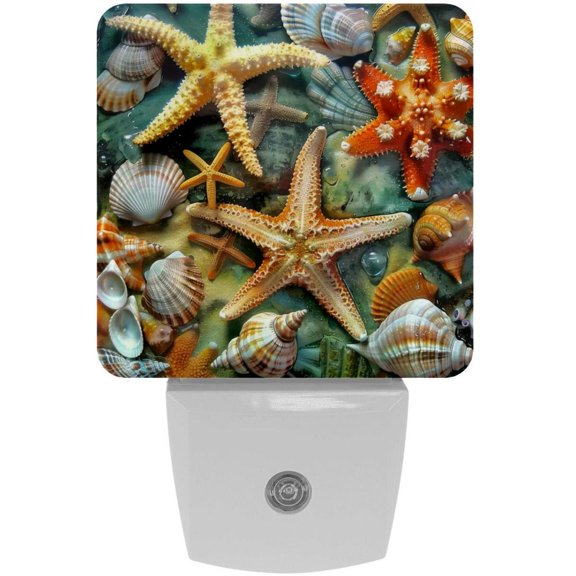 PhooArto Starfish Seashells Coral Plug in LED Night Light Auto Sensor Dusk to Dawn Decorative Night for Bedroom, Bathroom, Kitchen, Hallway, Stairs, Baby's Room, Energy Saving