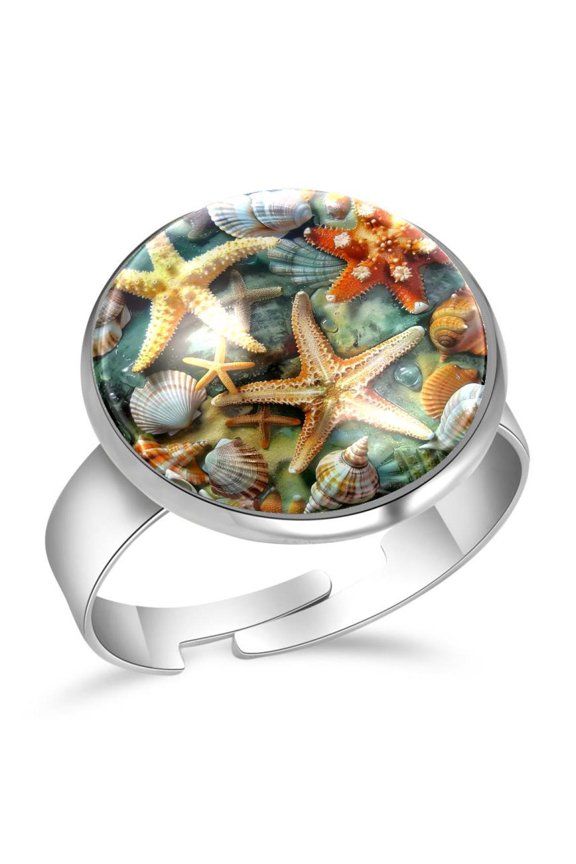 Starfish Seashells Coral Stainless Steel Rings for Women, Open Adjustable Ring Promise Ring Jewelry Gifts