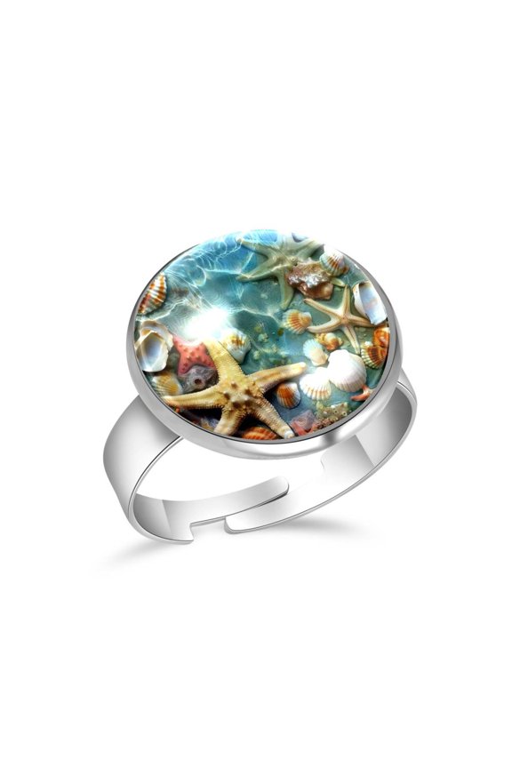 Starfish Seashells Sea Coral Stainless Steel Rings for Women, Open Adjustable Ring Promise Ring Jewelry Gifts