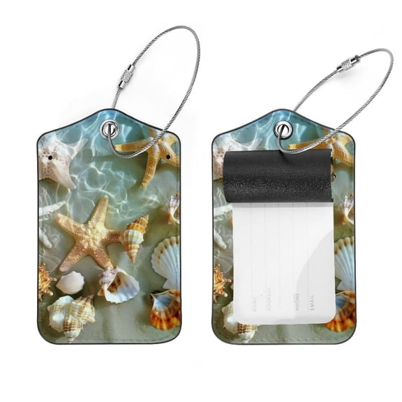 PhooArto Starfish and Seashells on Beach Luggage Tags with Stainless Steel Loop, 2 Pack Luggage Tag Holders for Travel Luggage Baggage Identifier