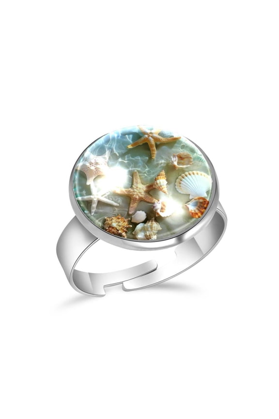 Starfish and Seashells on Beach Stainless Steel Rings for Women, Open Adjustable Ring Promise Ring Jewelry Gifts